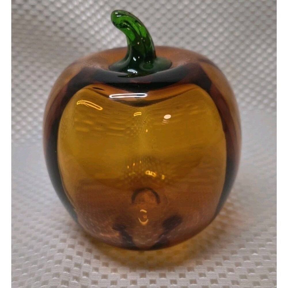 Vintage Amber Orange Glass Pumpkin Apple Paperweight Hand Blown Green Stem MCM